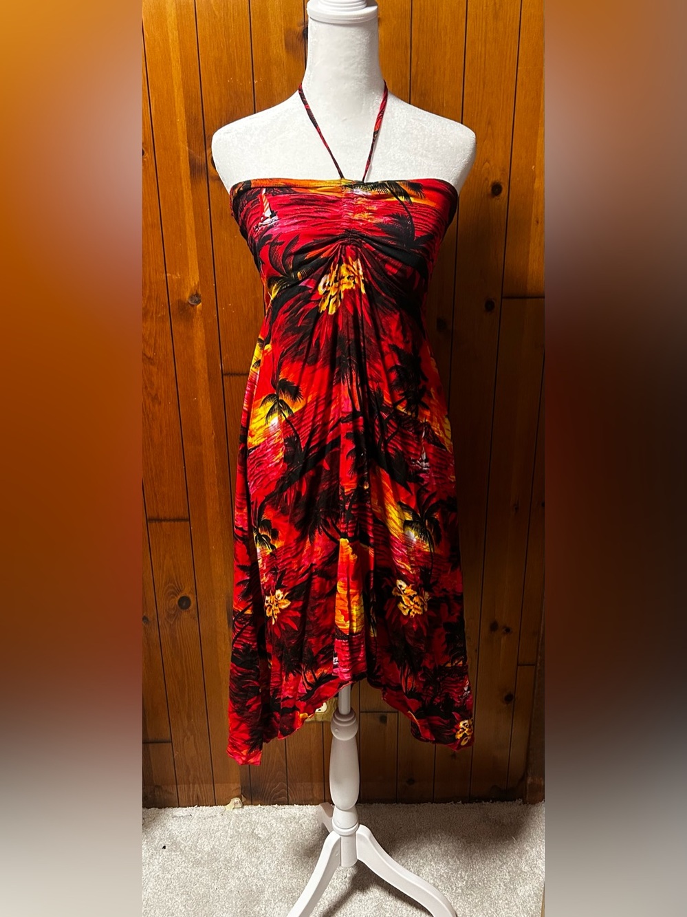 Made in Hawaii Floral Sunset Asymmetrical Dress with Halter Tie size S